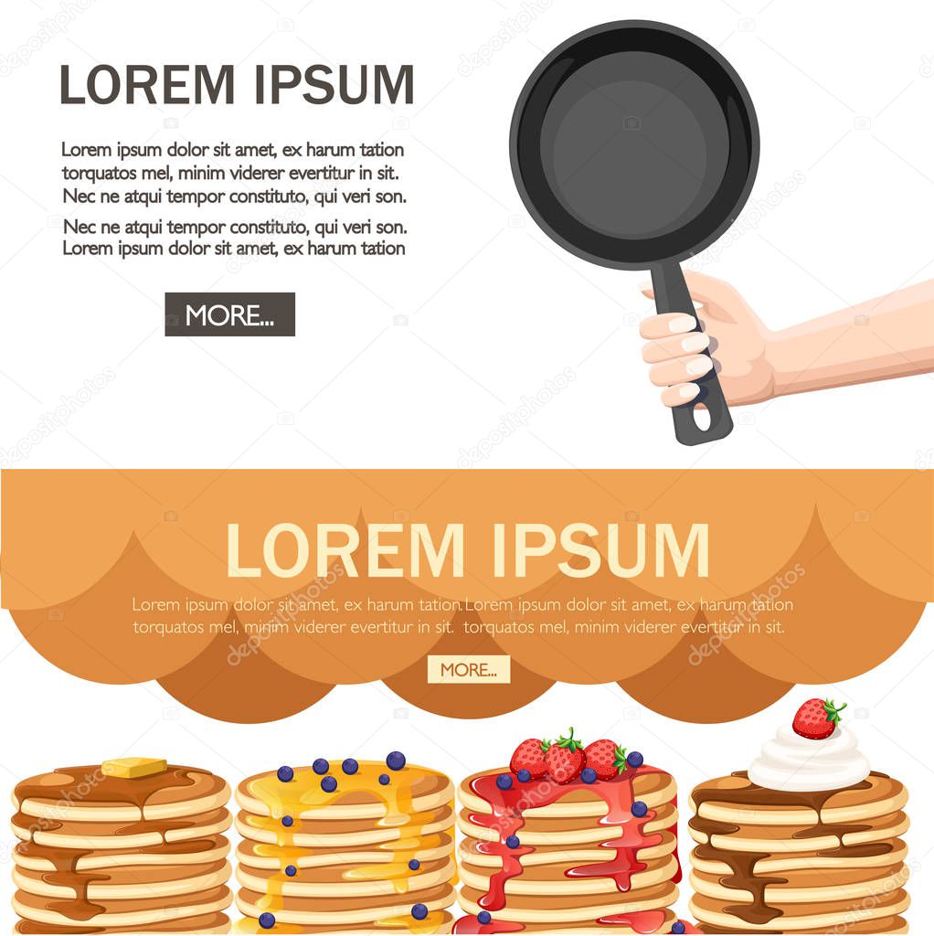 Hand holding empty black frying pan. Four pancakes with different toppings. Flat vector illustration isolated on white background.