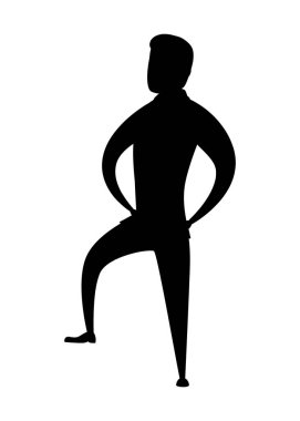 Siyah siluet. İş adamı ayakta ve şaşırdı. Kırmızı kravat ile mavi Klasik kostüm. Beyaz arka planda izole düz vektör illüstrasyon. Karikatür karakter tasarımı