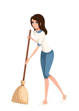Karikatür karakter tasarımı. Kadın süpürge ile zemin temizleme. Beyaz arka planda izole düz vektör illüstrasyon