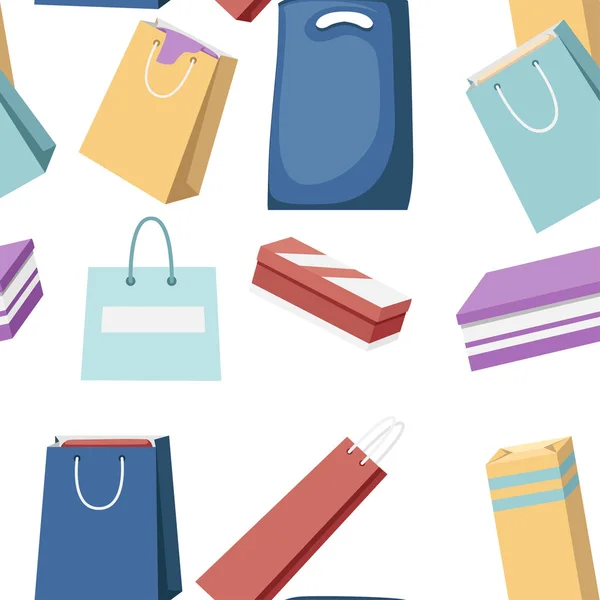 Patrón sin costuras. Bolsas de papel de compras coloridas. Bolsas de compras completas, concepto de descuento. Bolsas para ropa. Ilustración vectorial plana sobre fondo blanco — Vector de stock