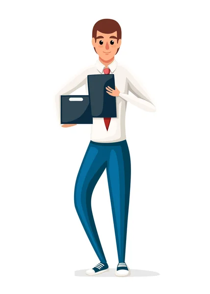 Επιχειρηματίας που κρατά μια λίστα ελέγχου χαρτιού. Μπλε κλασικό κοστούμι με κόκκινη γραβάτα και λευκό πουκάμισο. Επίπεδη εικόνα που απομονώνεται σε λευκό φόντο. Σχεδιασμός χαρακτήρων κινουμένων σχεδίων — Διανυσματικό Αρχείο