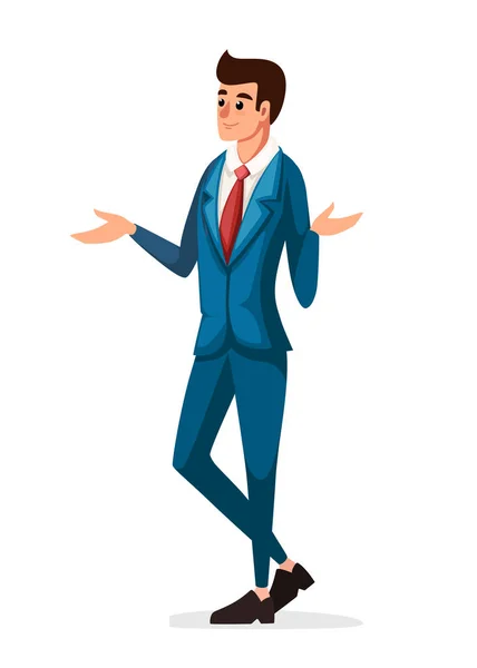 Zakenman staan en verrast. Blauw klassiek kostuum met rode stropdas. Platte vector illustratie geïsoleerd op witte achtergrond. Cartoon Character Design — Stockvector