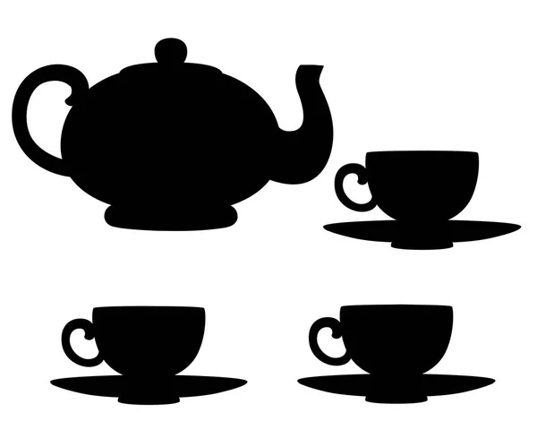 Μαύρη σιλουέτα. Διάφανη γυάλινη τσαγιέρα και φλιτζάνια με μαύρο τσάι. Πράσινο ή μαύρο τσάι για το σχεδιασμό, τη διαφήμιση και τη συσκευασία. Επίπεδη απεικόνιση που απομονώνεται σε λευκό φόντο — Διανυσματικό Αρχείο