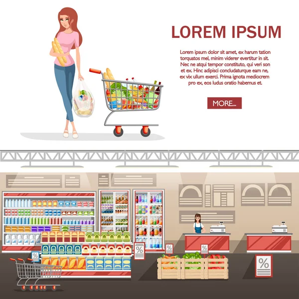 Hermosa joven con carrito de compras lleno de paquetes con verduras y frutas. Feliz mujer sonriente con productos. Ilustración vectorial plana sobre fondo blanco. Concepto de sala comercial — Archivo Imágenes Vectoriales