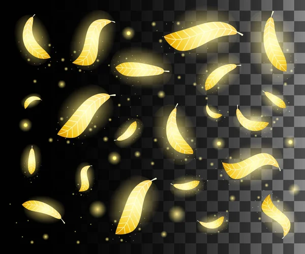 Abstrait chute de plumes dorées éclatantes. Illustration vectorielle sur fond transparent — Image vectorielle