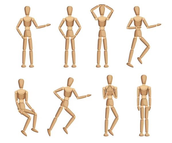 Colección de maniquí de madera. Maniquí con diferentes poses. Estilo plano de dibujos animados. Ilustración vectorial aislada sobre fondo blanco — Archivo Imágenes Vectoriales