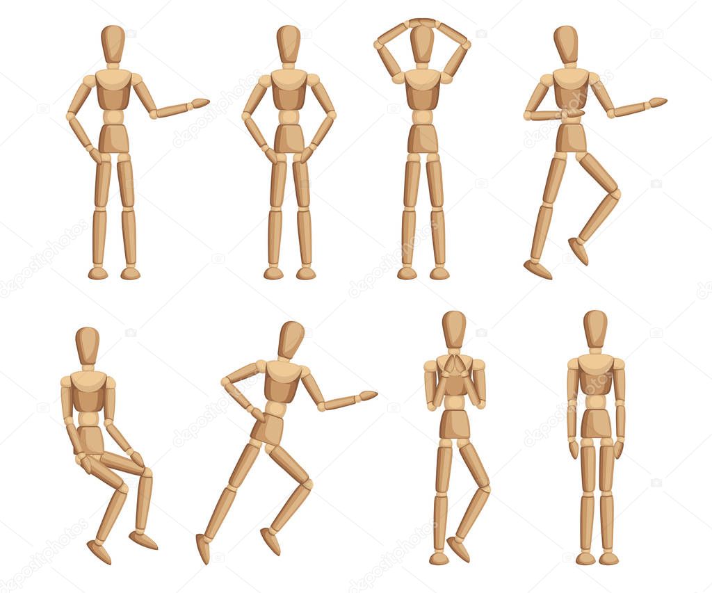 Wooden mannequin collection. Dummy with different poses. Cartoon flat style. Vector illustration isolated on white background
