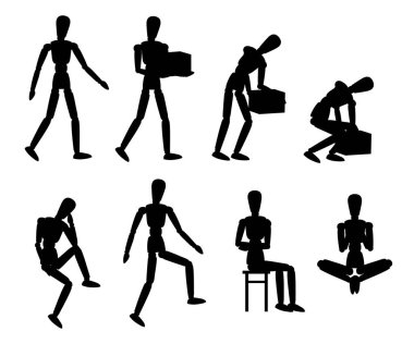 Siyah siluet. Ahşap manken koleksiyonu. Farklı poz ile Dummy. Karikatür düz tarzı. Vektör Illustration beyaz arka planda yalıtılmış