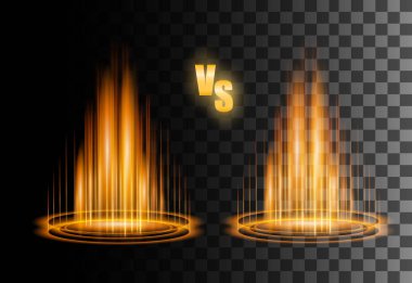 Şeffaf arka planda kıvılcımlar ile yuvarlak turuncu kızdırma ışınları gece sahnesi. Boş ışık efekti podyum. Sihirli fantezi portalı. Fütüristik teleport. Vektör efekti Illustration. Çerçeve, vs