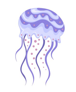 Deniz pembesi ve mor denizanası. Tropikal sualtı hayvan. Medusa su organizma, karikatür tarzı tasarım. Beyaz arka planda izole düz vektör illüstrasyon