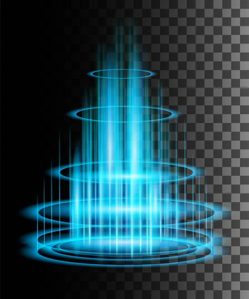 Round blue glow rays night scene with sparks on transparent background. Empty light effect podium. Magic fantasy portal. Futuristic teleport. Vector effect illustration — Stock Vector