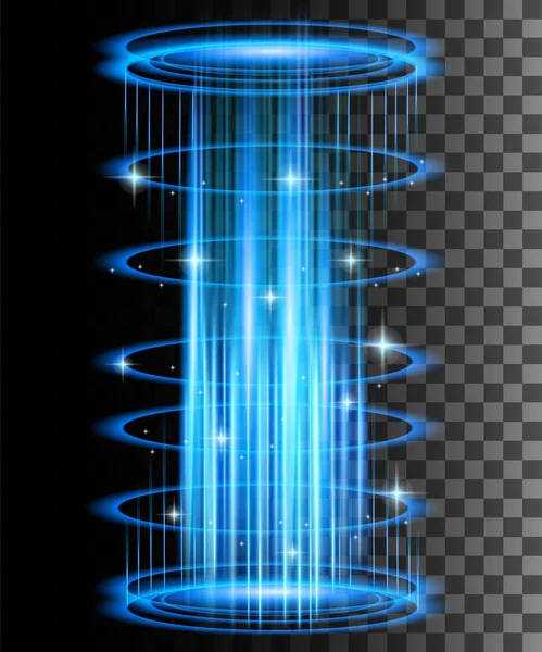 Round blue glow rays night scene with sparks on transparent background. Empty light effect podium. Magic fantasy portal. Futuristic teleport. Vector effect illustration — Stock Vector