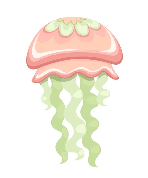 Θαλάσσια πράσινη και κόκκινη μέδουσα. Τροπικό υποβρύχιο ζώο. Μέδουσα υδρόβιο οργανισμό, σχέδιο στυλ κινουμένων σχεδίων. Επίπεδη απεικόνιση που απομονώνεται σε λευκό φόντο — Διανυσματικό Αρχείο