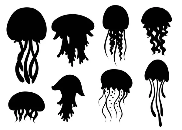 Fekete sziluett. Állítsa be a tengeri medúza. Trópusi víz alatti állat. Medusa vízi organizmus, rajzfilm stílusú dizájn. Lapos vektoros illusztráció izolált fehér háttér — Stock Vector