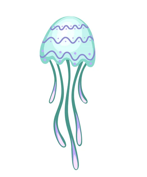 海の緑のクラゲとパターン。熱帯水中動物。メデューサの水生生物、漫画のスタイルのデザイン。白い背景に孤立した平らなベクトルのイラスト — ストックベクタ