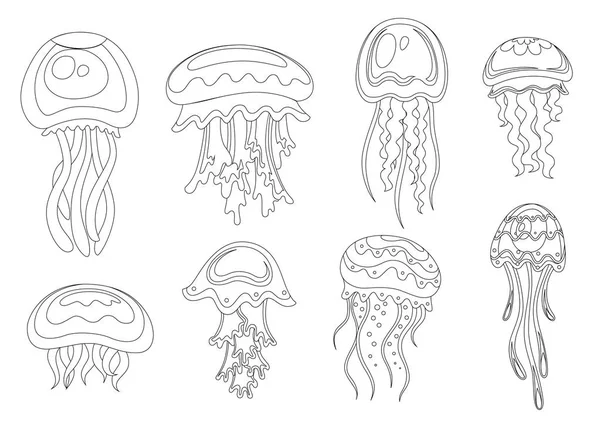 Icona in stile linea. Set di meduse di mare. Animale tropicale subacqueo. Medusa organismo acquatico, disegno stile cartone animato. Illustrazione vettoriale piatta isolata su sfondo bianco — Vettoriale Stock