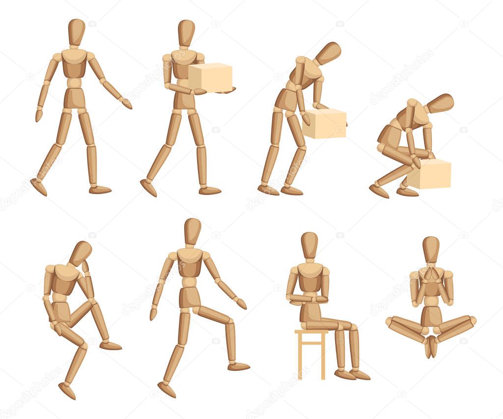 Wooden mannequin collection. Dummy with different poses. Cartoon flat style. Vector illustration isolated on white background