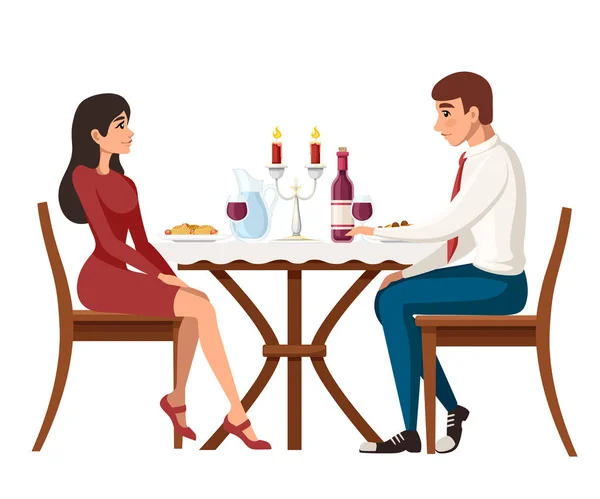 Man and woman on date in restaurant. Meeting love couple. Table with red wine bottle, candelabra and italian pasta. Cartoon character design. Flat vector illustration on white background — Stock Vector