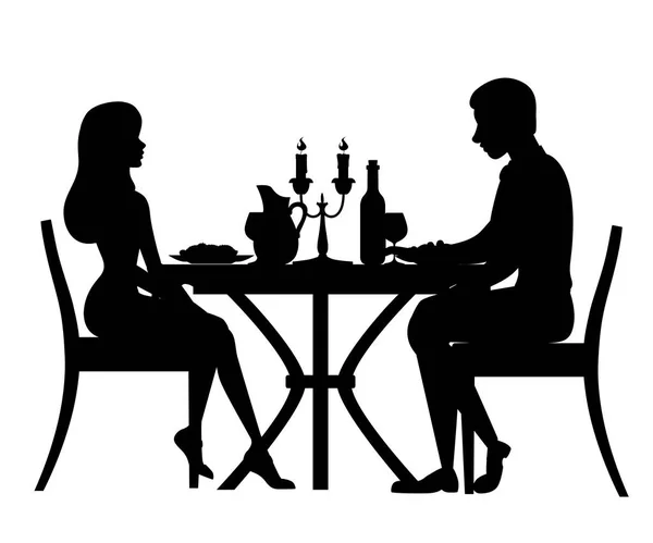 Black silhouette. Man and woman on date in restaurant. Table with red wine bottle, candelabra and italian pasta. Cartoon character design. Flat vector illustration on white background — Stock Vector