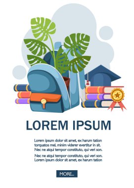 Renkli açık okul çantası çiçek pot ile. Fermuarlar ile sırt çantası. Karikatür tasarımı. Beyaz arka planda düz vektör illüstrasyon. Eğitim konsepti, metin için yer, mavi düğme