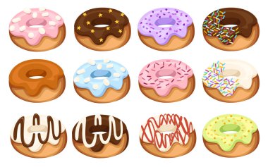 Karikatür renkli Donuts seti. Krema ile tatlı. Beyaz arka planda izole düz vektör illüstrasyon. Tatlı şeker buzlanma Donuts