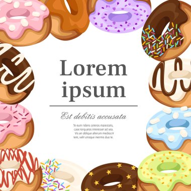 Karikatür renkli Donuts deseni. Krema ile tatlı. Beyaz arka planda düz vektör illüstrasyon. Tatlı şekerleme çörekleri. Metin için yerleştirin. Tebrik kartı veya poster kavramı