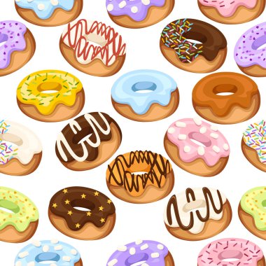 Dikişsiz desen. Karikatür renkli Donuts seti. Krema ile tatlı. Beyaz arka planda düz vektör illüstrasyon. Tatlı şeker buzlanma Donuts