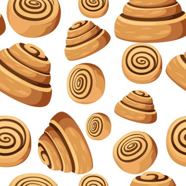 Kusursuz desen. Tarçınlı çörek. Taze pişmiş tatlı kek. Pişmiş hamur işi. Beyaz arkaplanda düz vektör illüstrasyonu