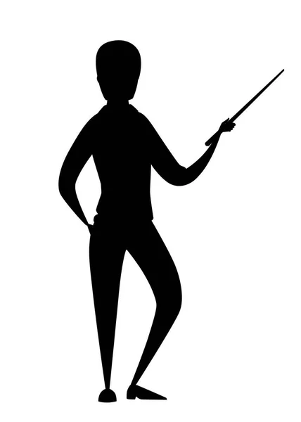 Silhouette nera. L'uomo in abbigliamento casual rimanere e tenere un puntatore in mano. Disegno dei personaggi dei cartoni animati. Illustrazione vettoriale piatta isolata su sfondo bianco — Vettoriale Stock