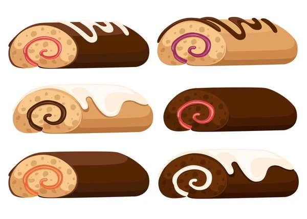 Sweet Roll taart. Chocolade Swiss roll. Verzameling van taarten. Platte vector illustratie geïsoleerd op witte achtergrond — Stockvector