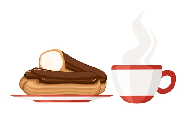 Crème sucrée et délicieuse éclair dessert avec tasse de thé. Pâtisserie au choux remplie de crème. Illustration vectorielle plate isolée sur fond blanc. Ensemble de desserts — Image vectorielle