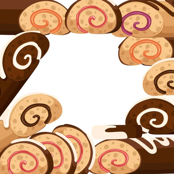 Dulce patrón de pastel de rollo. Rollo suizo de chocolate. Colección de pasteles. Ilustración vectorial plana sobre fondo blanco — Vector de stock