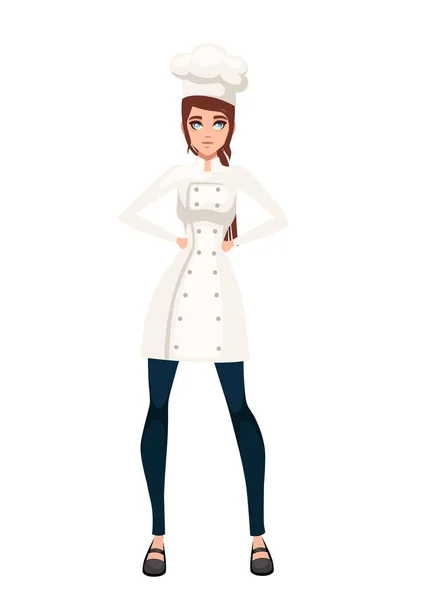 Beautiful women chef with brown hair. Bakery young female chef. Cartoon character design. Flat vector illustration isolated on white background — Stock Vector