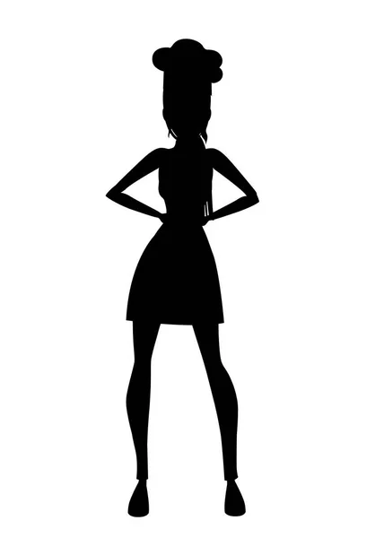 Černá silueta. Krásná ženská šéfkuchařka s hnědými vlasy. Pekárna mladá ženská šéfkuchařka. Design kreslených postav. Plochá vektorová ilustrace izolovaná na bílém pozadí — Stockový vektor