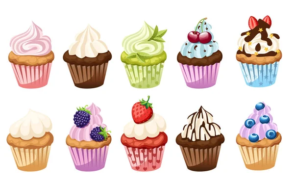 Collezione di cupcake con ingredienti diversi. Set di torte dolci. Dolce colorato. Illustrazione vettoriale piatta isolata su sfondo bianco — Vettoriale Stock