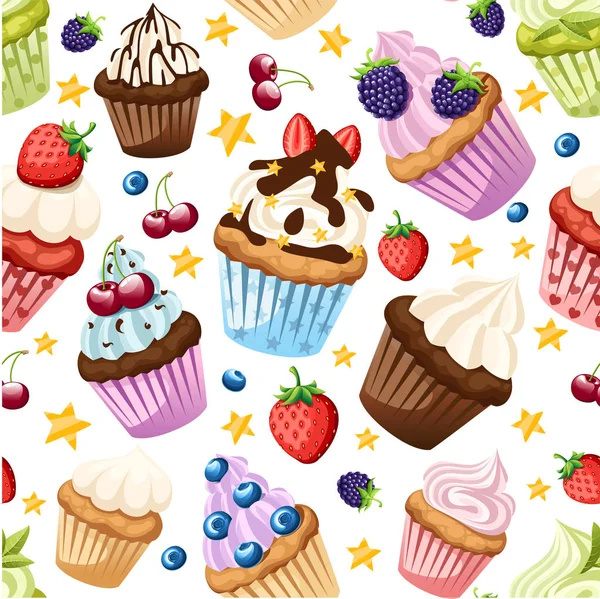 Nahtloses Muster. Sammlung von Cupcakes mit verschiedenen Zutaten. süße Kuchen. buntes Dessert. flache Vektorabbildung auf weißem Hintergrund — Stockvektor