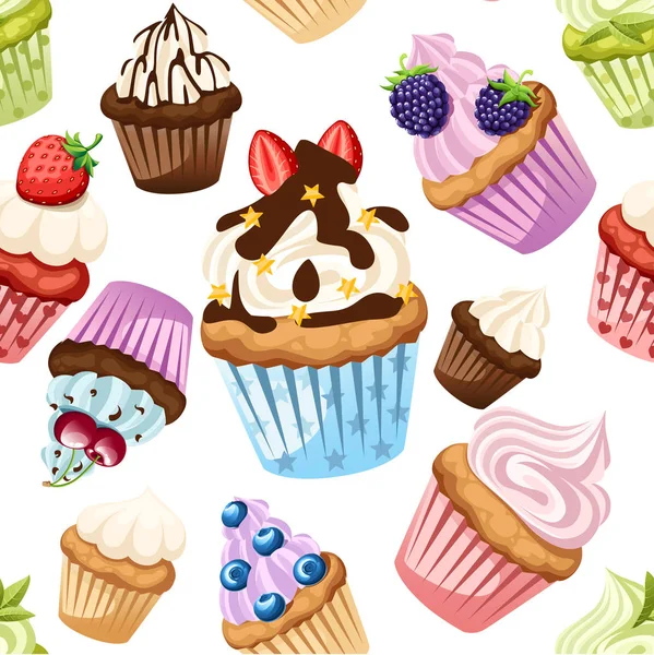 Padrão sem costura. Coleção de cupcakes com diferentes ingredientes. Conjunto de bolos doces. Sobremesa colorida. Ilustração vetorial plana sobre fundo branco —  Vetores de Stock