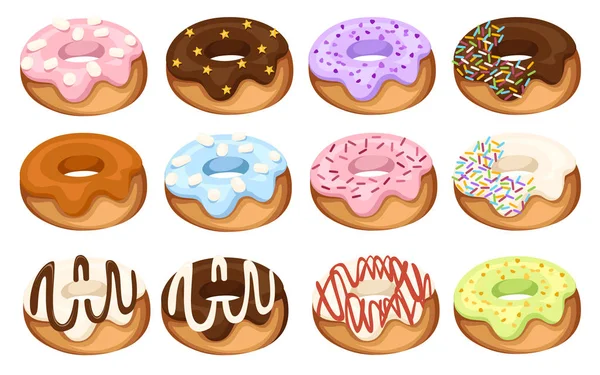 Conjunto de desenhos animados donuts coloridos. Sobremesa com creme. Ilustração vetorial plana isolada sobre fundo branco. Doce açúcar que gela donuts —  Vetores de Stock