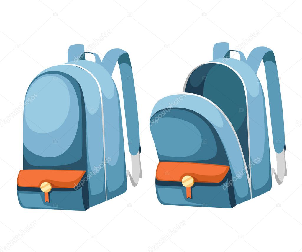 Colorful opened and closed school bags. Empty rucksack. Backpack with zippers. Cartoon design. Flat vector illustration isolated on white background