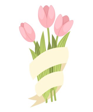 Bej kurdele ile Pembe lale bahar dekoratif buket. Beyaz arka planda izole düz vektör illüstrasyon