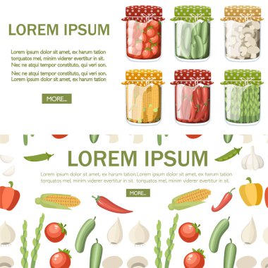 Şeffaf cam kavanozda Turşu sebze koleksiyonu. Vejetaryen gıda, sağlıklı yeme. Konserve sebzeler düz vektör illüstrasyon. Web sitesi tasarımı ve reklam broşürü için konsept