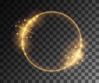 Parlayan ışık. Soyut sarı etkisi. Şeffaf arka planda izole parçacıklar dekorasyon ile altın vektör ışık efektleri. Parlak yaprakları ile iplik daire
