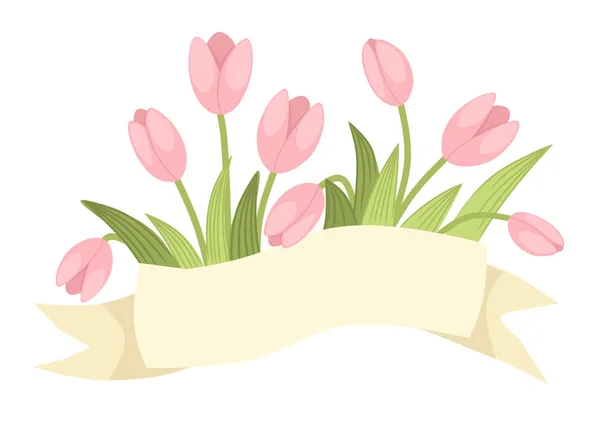 Ramo decorativo de primavera de tulipán rosa y galantus con cinta beige. Ilustración vectorial plana aislada sobre fondo blanco — Vector de stock