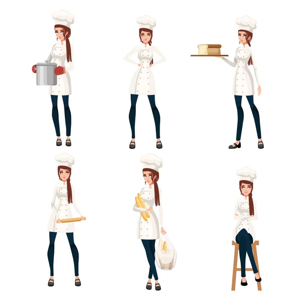 Beautiful women chef with brown hair collection. Bakery young female chef. Cartoon character design. Flat vector illustration isolated on white background — Stock Vector