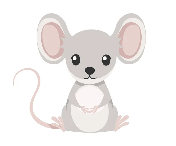 かわいい灰色のマウスが床に座る。漫画動物キャラクターデザイン。白い背景に孤立した平らなベクトルのイラスト — ストックベクタ