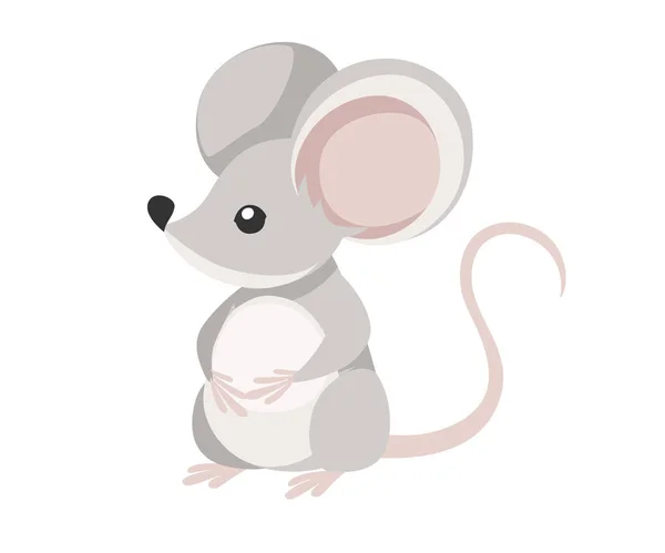 かわいい灰色のマウスが床に座る。漫画動物キャラクターデザイン。白い背景に孤立した平らなベクトルのイラスト — ストックベクタ