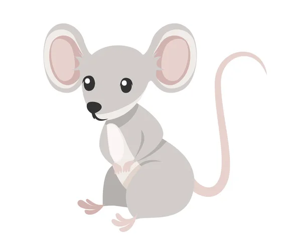 Lindo ratoncito gris sentarse en el suelo. Dibujos animados diseño de personajes animales. Ilustración vectorial plana aislada sobre fondo blanco — Archivo Imágenes Vectoriales