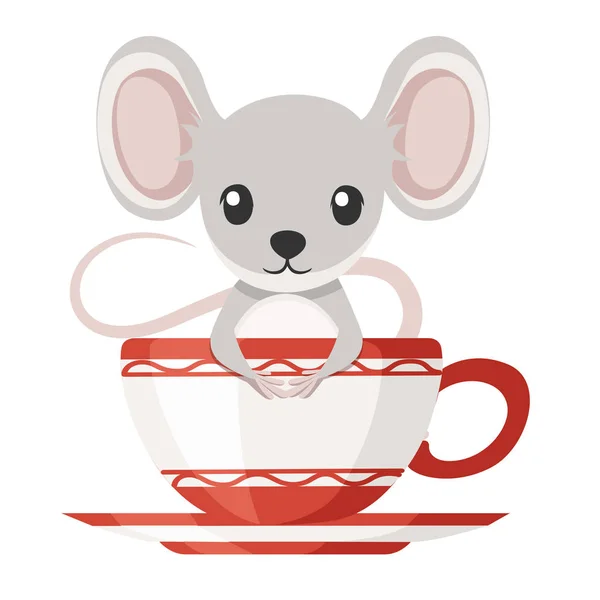 Niedliche kleine graue Maus sitzt in einem Becher. Zeichentrick-Tierfiguren-Design. flache Vektordarstellung isoliert auf weißem Hintergrund — Stockvektor