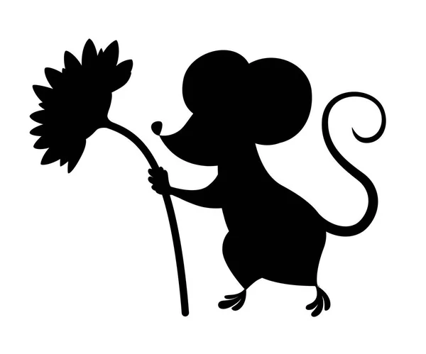 Черный силуэт. Милая маленькая серая мышь держит цветок. Дизайн персонажа мультфильма. Плоская векторная иллюстрация на белом фоне — стоковый вектор
