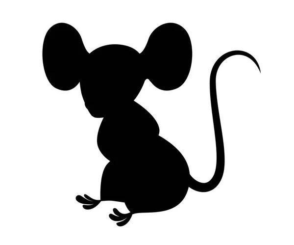 Black silhouette. Cute little gray mouse sit on floor. Cartoon animal character design. Flat vector illustration isolated on white background — Stock Vector